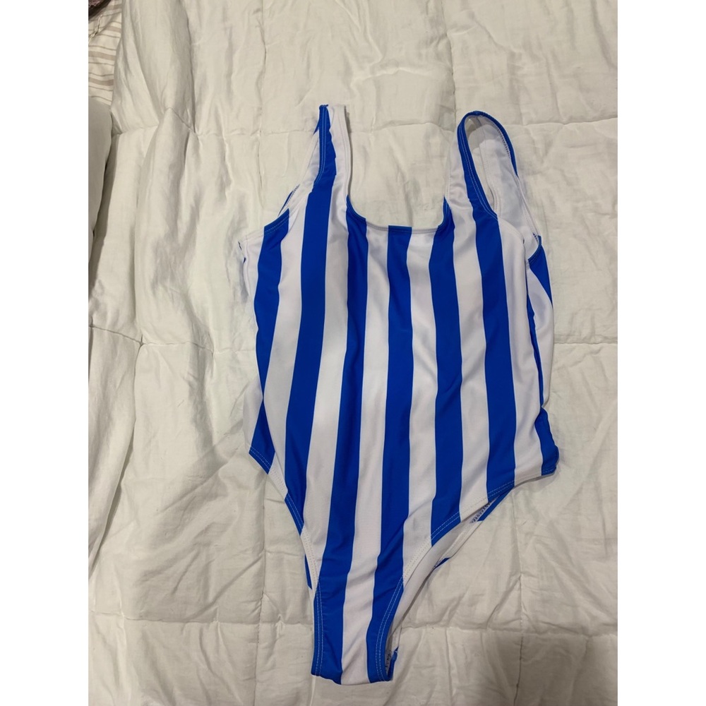 Royal blue & white striped one piece bathing suit